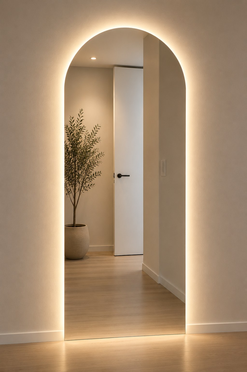 Espejo tipo arco con luz LED cálida de cuerpo entero