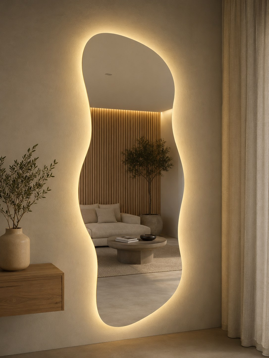 Espejo irregular con luz LED cálida en living